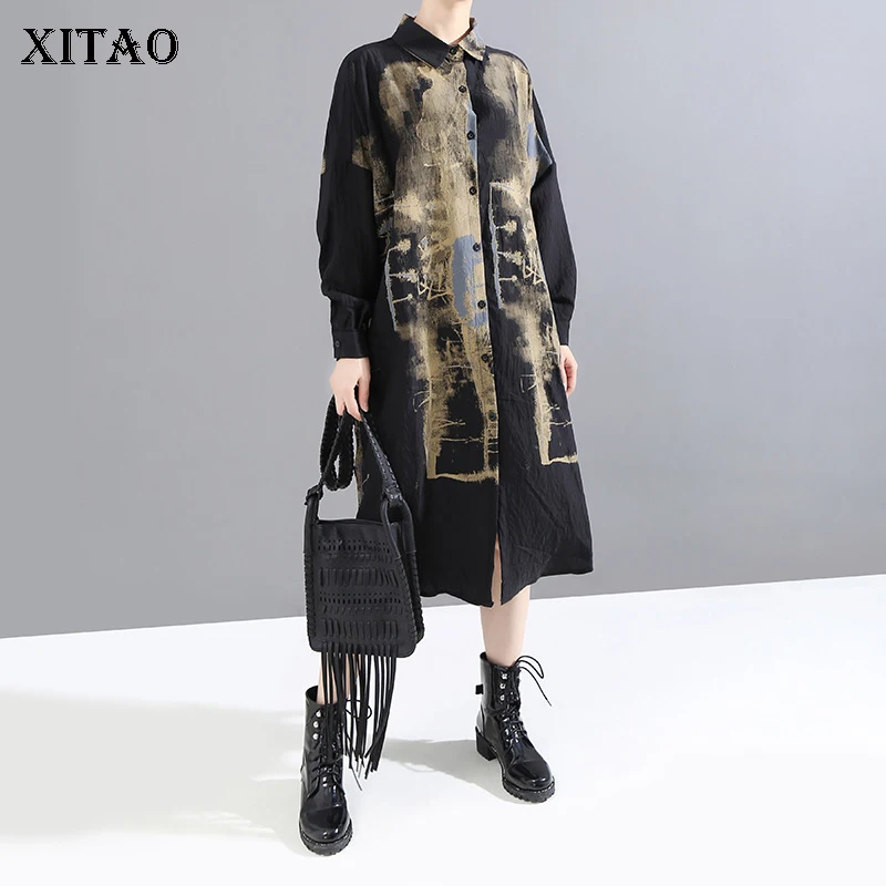 Женское винтажное платье XITAO однобортное Платье с принтом и длинным рукавом