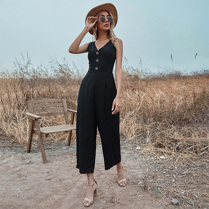 

JYSS trendy long jumpsuit women suspended strap v neck collar black combinaison femme overalls for women 51091
