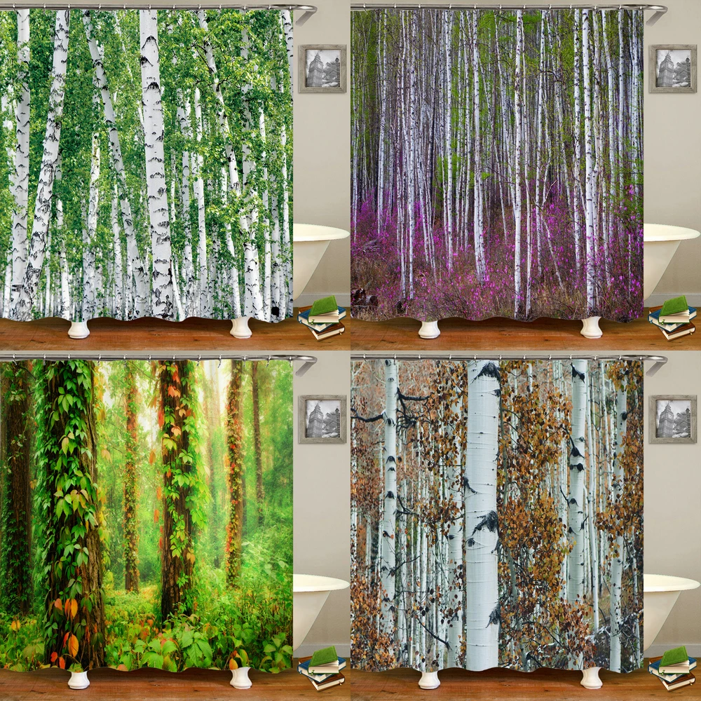 

White Birch Trees Forest Landscape Bathroom Curtain 3D Natural Scenery Printing Shower Curtains Waterproof Polyester Cloth Decor
