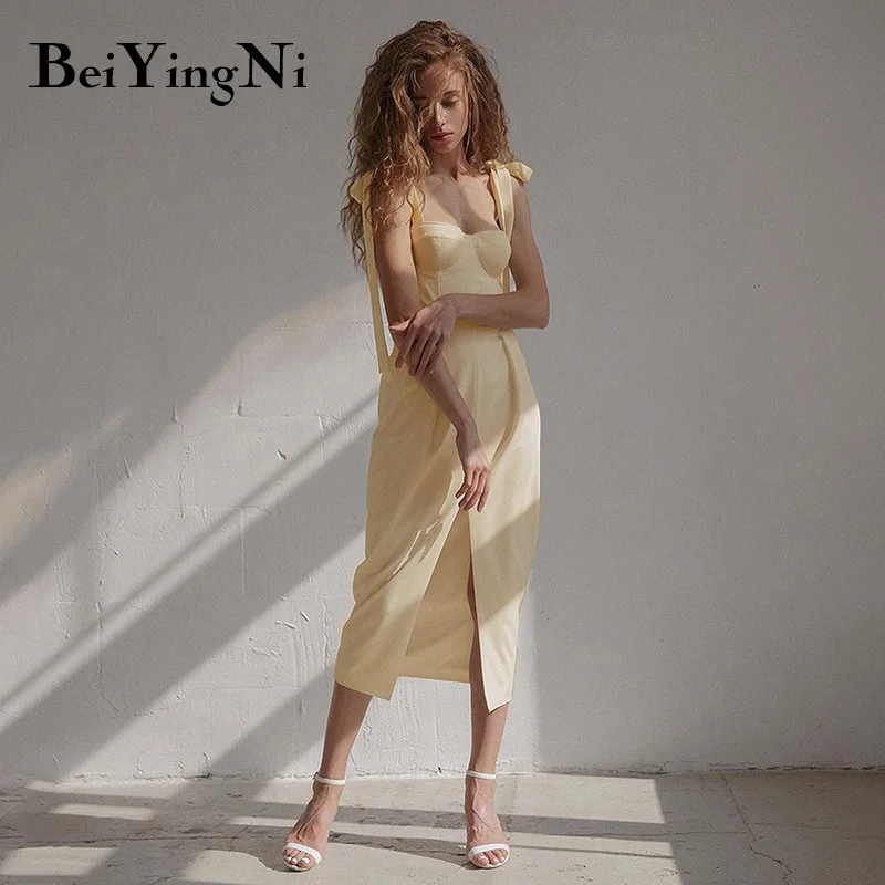 

Beiyingni Vintage Elegant Dresses For Women Summer 2022 Sexy Spaghetti Strap Ladies Dresses Split Bandage Solid Streetwear Dress