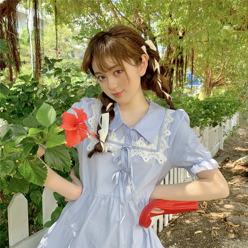 

Women's Dress Korean 2021 New Summer Light Dresses Lace-up High Waist Doll Collar Sweet Short-sleeved White Midi Dress for Women