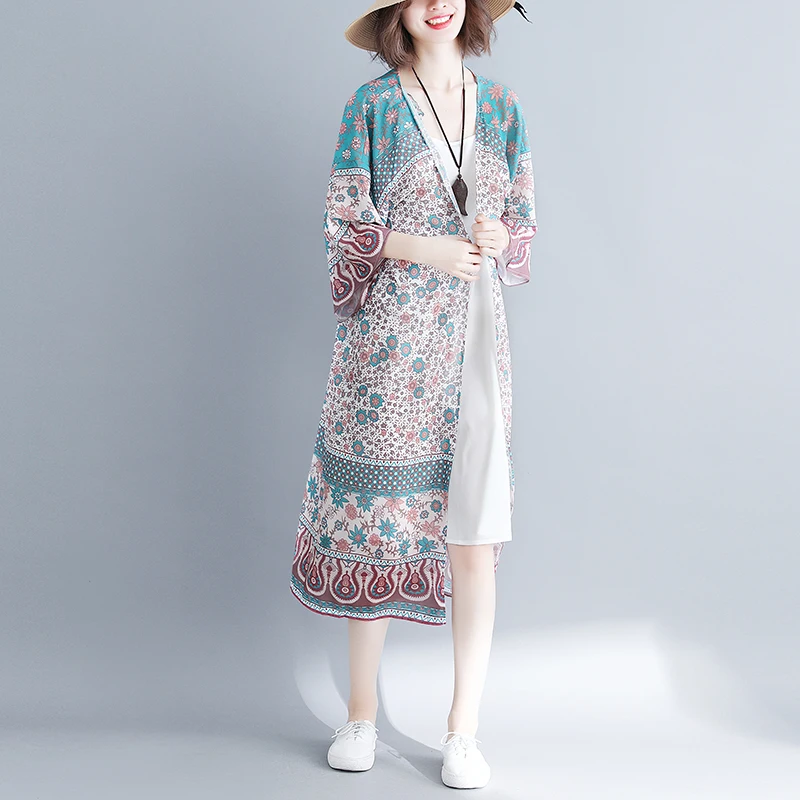 Летняя женская блузка в стиле бохо 2020 винтажное женское длинное кимоно из шифона