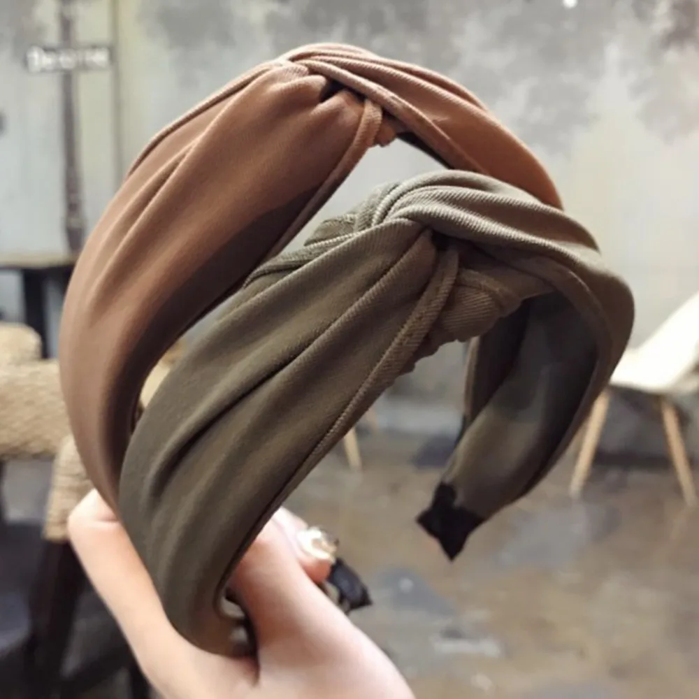 Женская повязка на голову однотонная с бантом перекрестная тканевая ободок