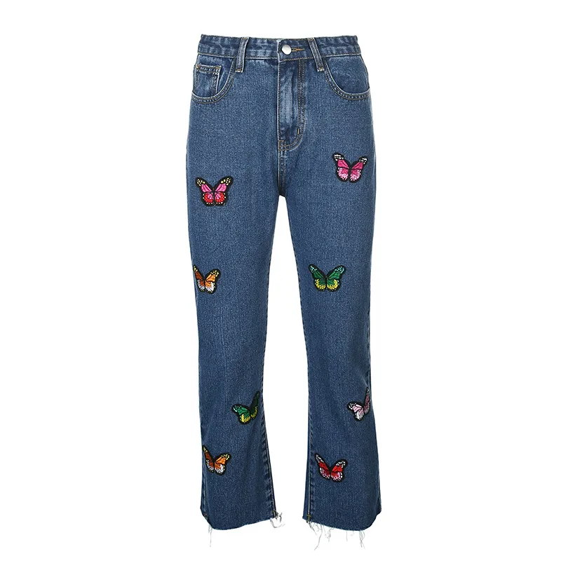 

Women Colorful Butterfly Embroidery Jeans Y2k Fashion Loose High Waist Straight for Teen Girls Vintage Dark Blue Wide Leg Pants