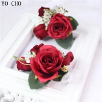 yo cho bright red artificial silk wrist flower bridesmaid brooch dress accessories man boutonniere for wedding prom party
