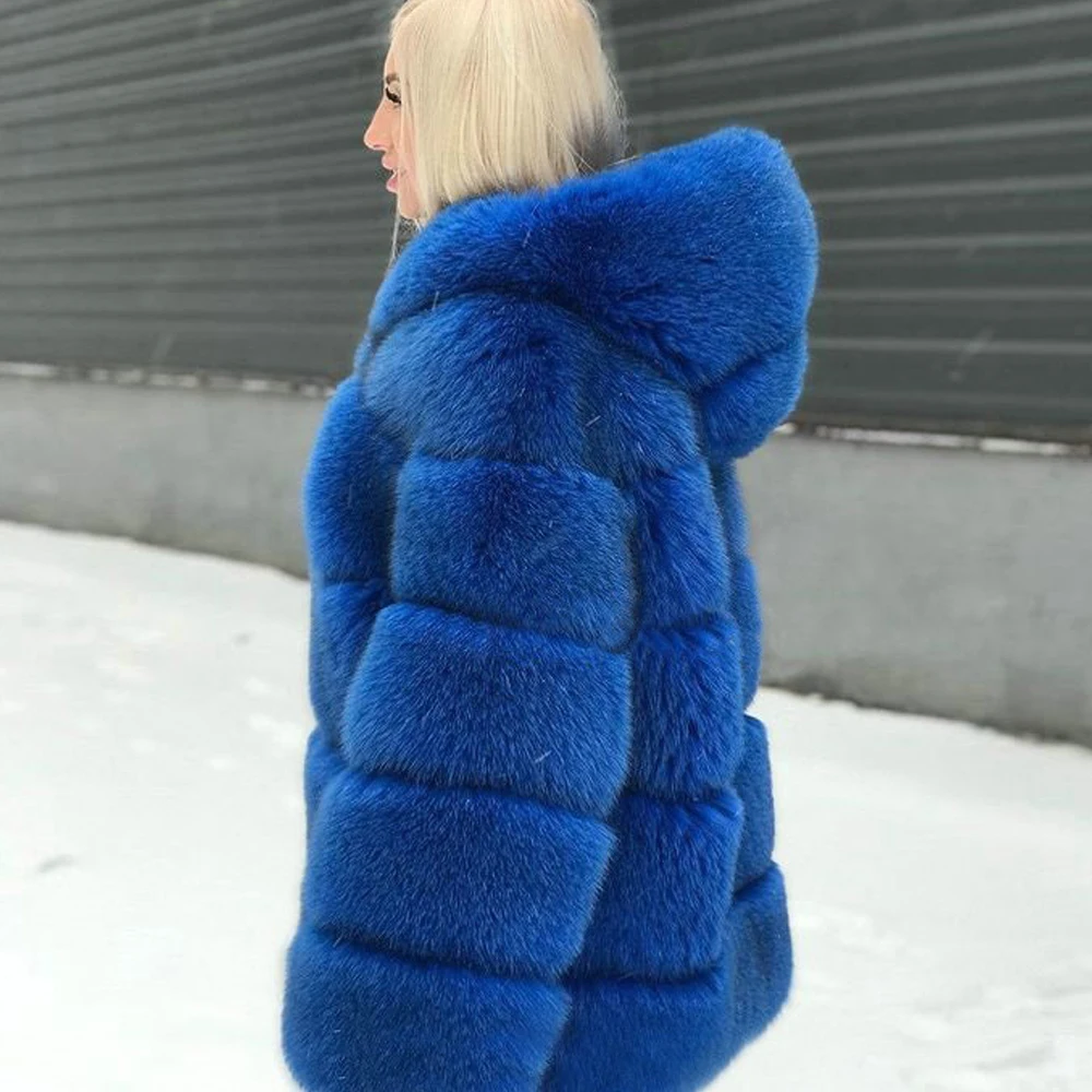 Medium Length Real Fox Fur Jacket with Big Hood Thick Warm Fur Overcoat Woman Natural Whole Skin Genuine Fox Fur Coat Female