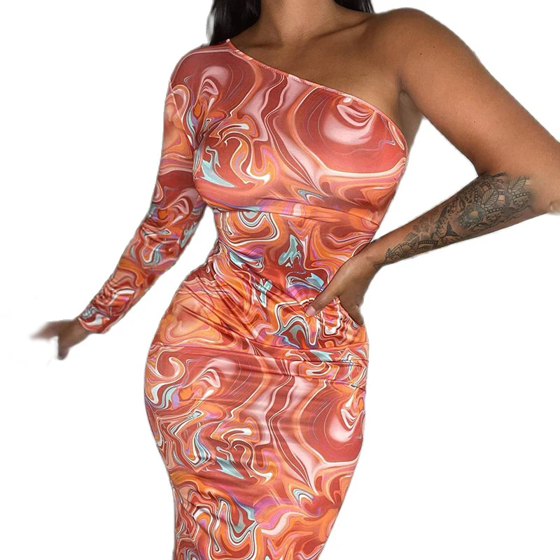 

Plazson Sexy One Shoulder Bodycon Dress Women Autumn Long Sleeve Fashion Vintage Print Wrap Midi Dresses Party Club Vestidos