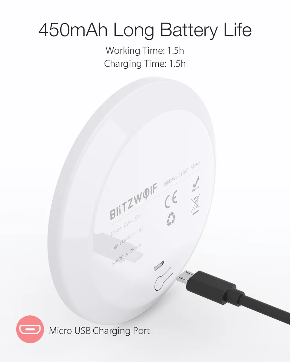 Blitzwolf BW-LM1 портативный мини USB Перезаряжаемый светодиодный зеркальный светильник для макияжа 5000-8000 K с кнопкой управления светодиодный зеркальный светильник для макияжа