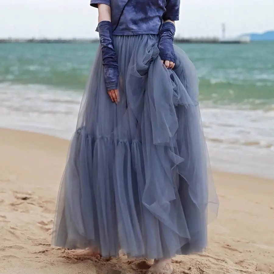 

Women's Summ Tulle Skirt Elegant Sweet High Waist Mesh Skirt Female A-line Elastic Skirt 2021 Vinatge Pleated Skirts For Women