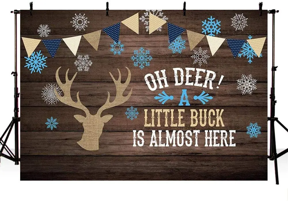 Oh Deer Boy Baby Shower Photography Background Props Blue Rustic Wood Burlap Baby Shower Little Buck Winter Snowflakes Backdrops