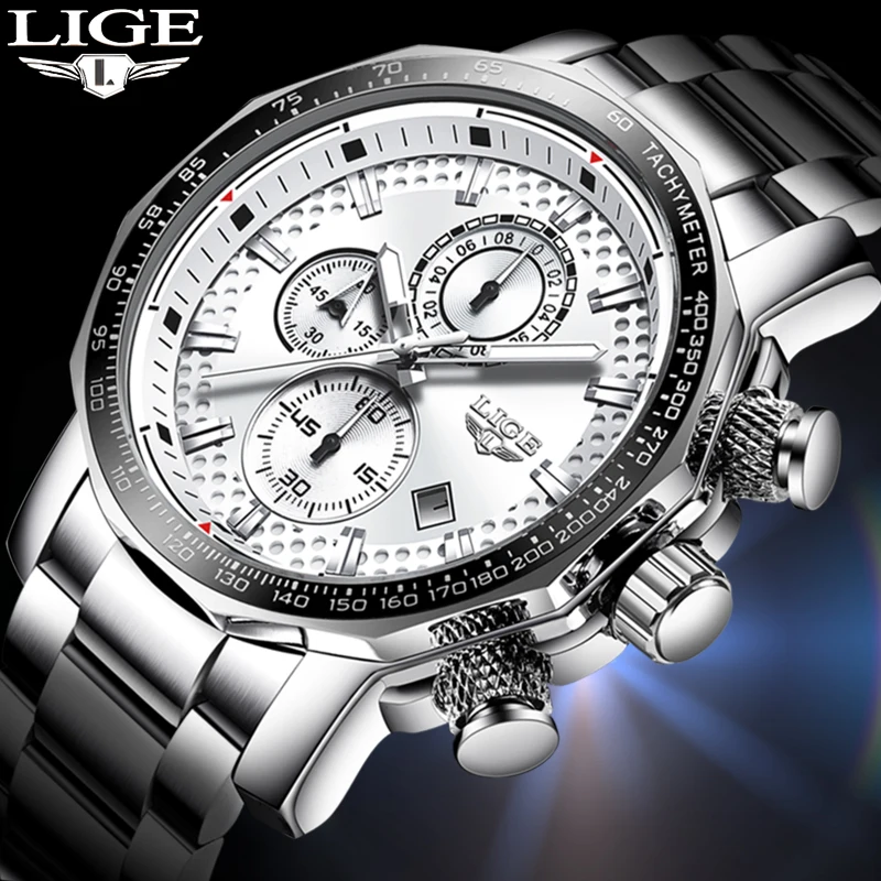 Часы Reloj Hombre 2020 мужские часы LIGE все из стали с большим циферблатом Спортивные