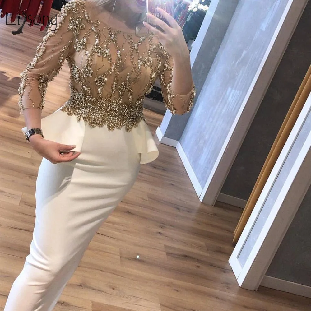 

Elegant Pearls Beaded Mermaid Evening Dresses 2019 Nude Full Sleeves Prom Gowns Peplum Formal Dress Vestidos De Festa