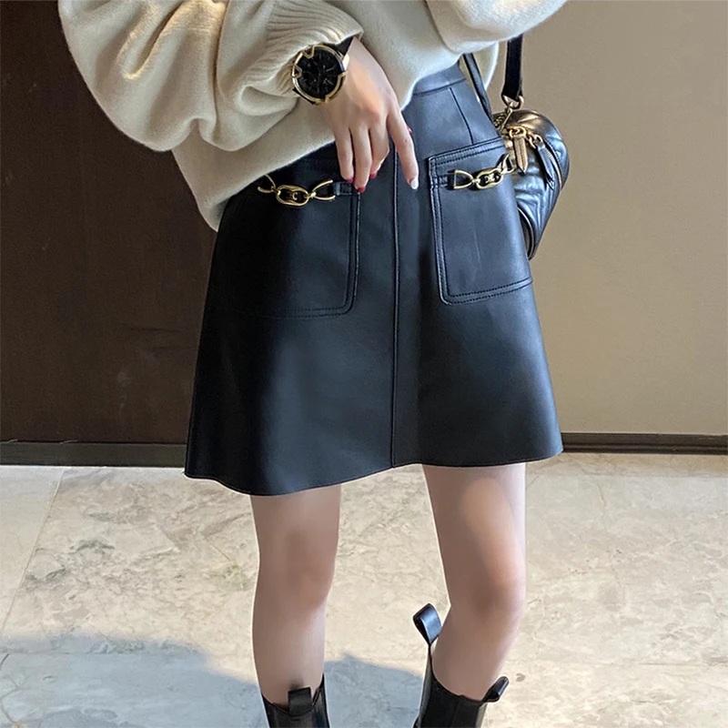 Fitaylor New Autumn Winter Women Fashion Slim High Waist PU Mini Skirts Casual A-line Solid Color Black Faux Leather | Женская одежда