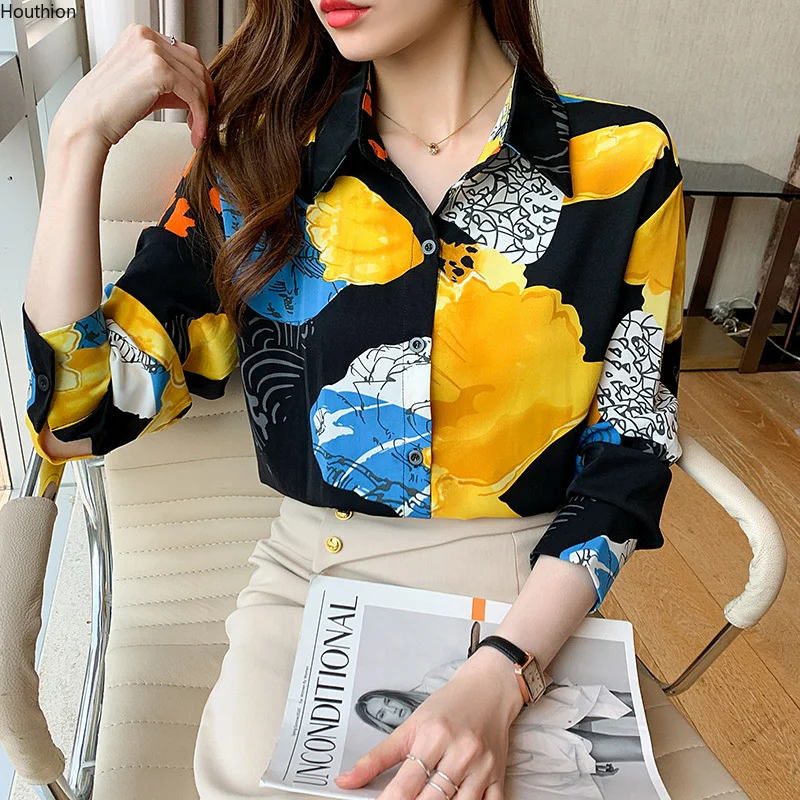 

Шифоновые облегающие Женские рубашки, новые модные блузки, повседневные блузки с длинным рукавом, рубашки-поло с цветочным принтом на пугов...