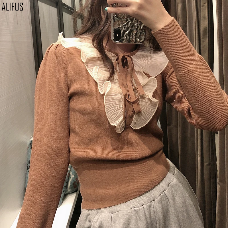 

European and American style autumn women's new V-neckline with buttons and bows long-sleeved round neck sweater