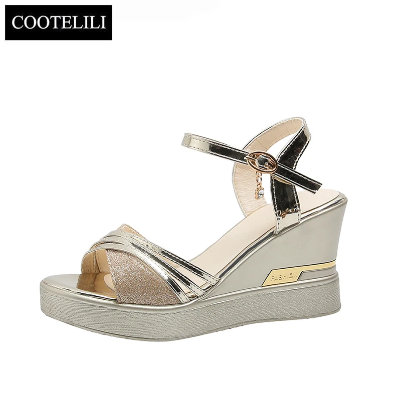 COOTELILI Women Summer Sandals Wedges Glitter Powder Platform Shoes 2020 New Fashion 8cm Heel Black Champagne | Обувь