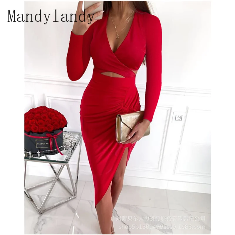 

Mandylandy Women's Elegant Hollow Out Bandage Bodycon Dress Ladies Sexy Fashion Autumn Long Sleeve V Neck High Waist Party Dress