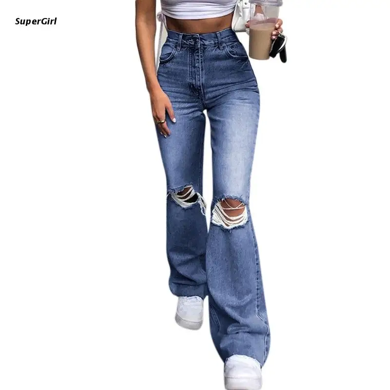 

J78E Women Retro Washed Ripped Hole Jeans High Waist Bell Bottom Wide Leg Denim Pants