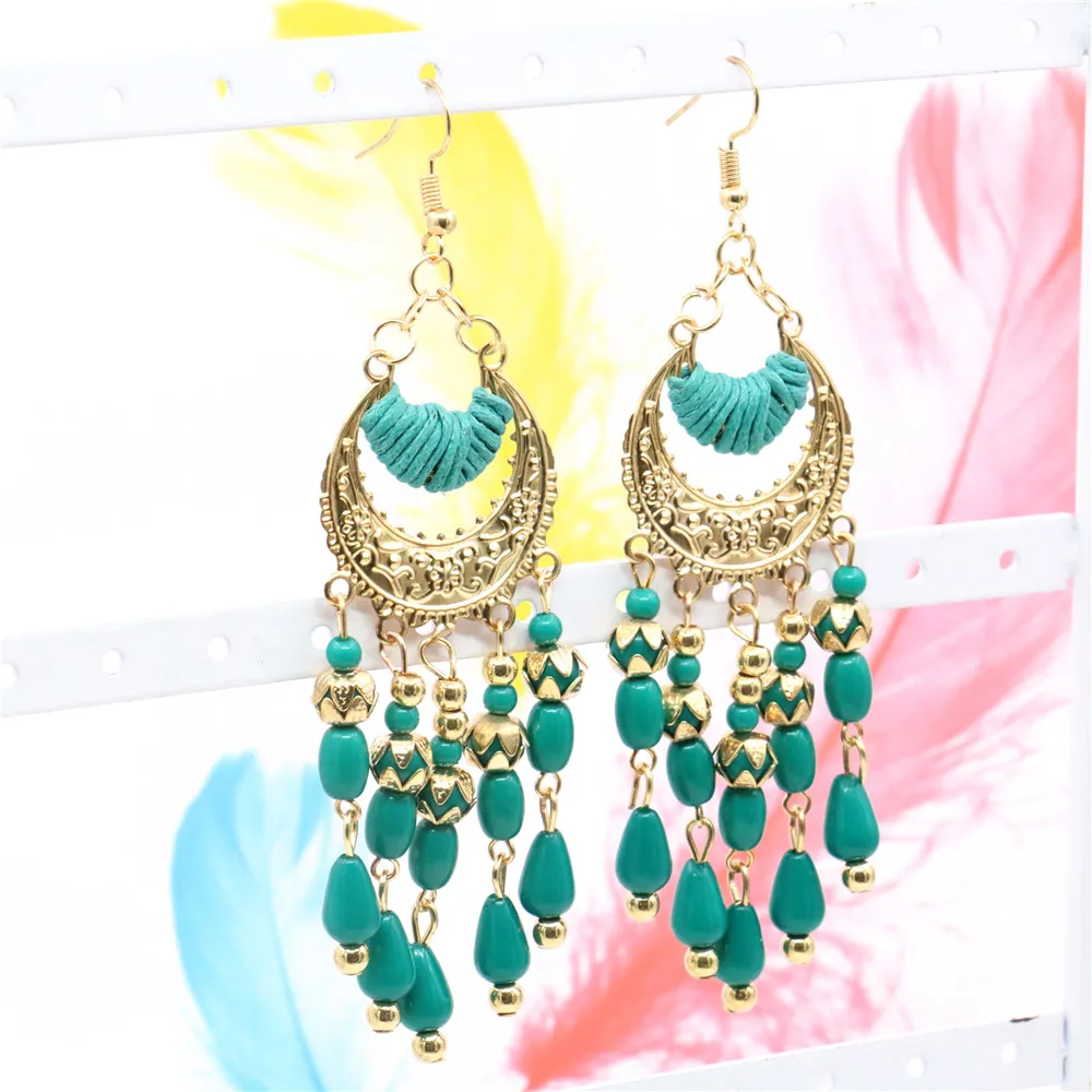 Женские серьги-подвески M375 простые этнические зеленые серьги с длинной