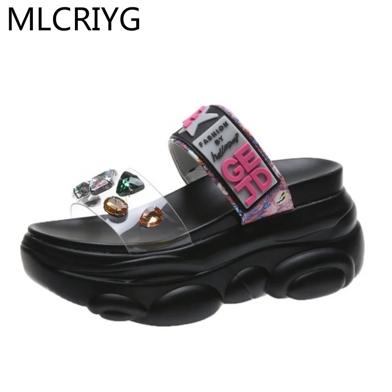 

2021 New Summer Women's Sandals Fashion Platform Women Rhinestone Casual Sandals Slope Heel Outdoor Open Toe Sandals for Woman