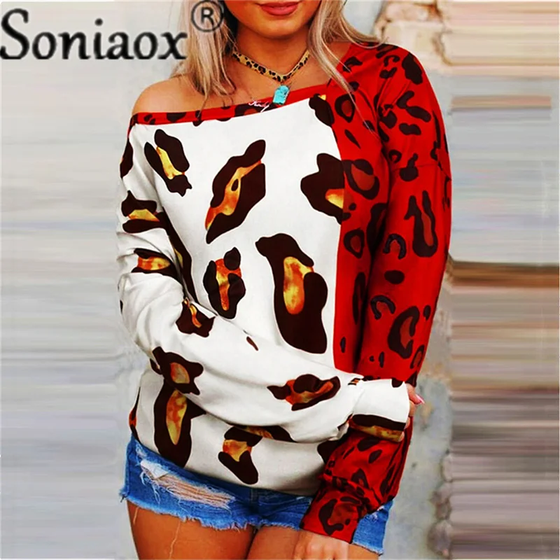 Купи Leopard Print Color Matching Long Sleeve Skew Collar Loose Women T Shirt 2021 Autumn Sexy Off Shoulder Street Casual Female Tops за 501 рублей в магазине AliExpress