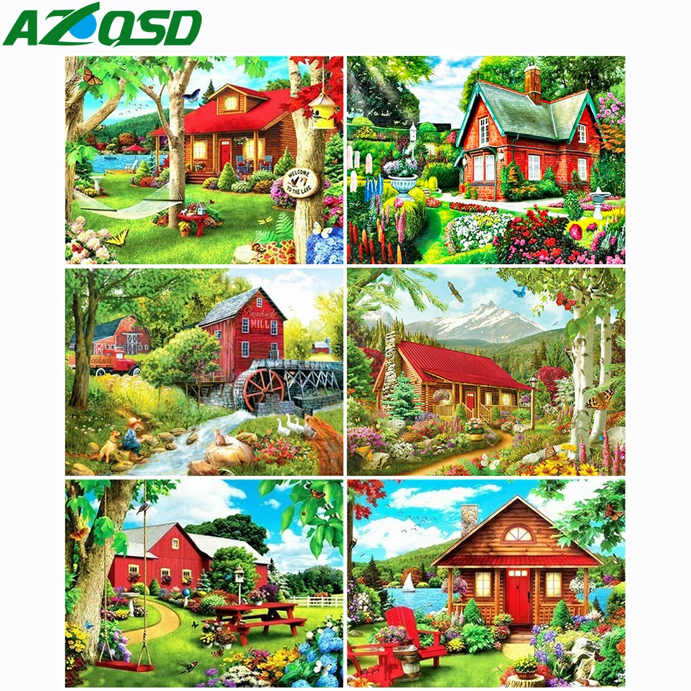 

AZQSD Diamond Painting House Cross Stitch Picture Of Rhinestones Needlework Diamond Embroidery Sale Landscape Home Decoration