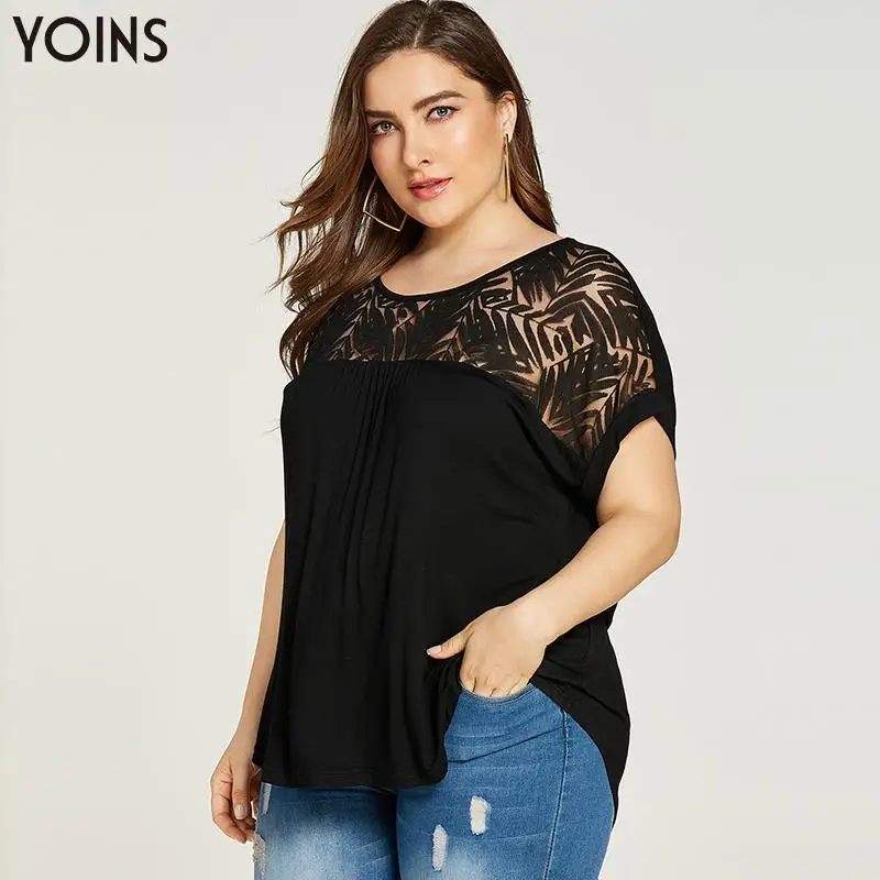 Женская кружевная блузка YOINS Повседневная Блузка с коротким рукавом и круглым
