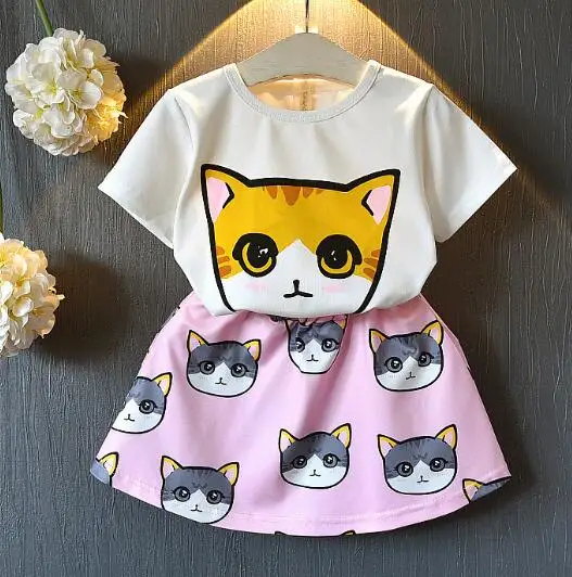 m-cat MERI AMMI/комплект одежды для маленьких девочек, кружевная футболка без рукавов, топ с цветочным рисунком+ юбка с бантом, верхняя одежда для От 2 до 11 лет, детей - Цвет: m-cat