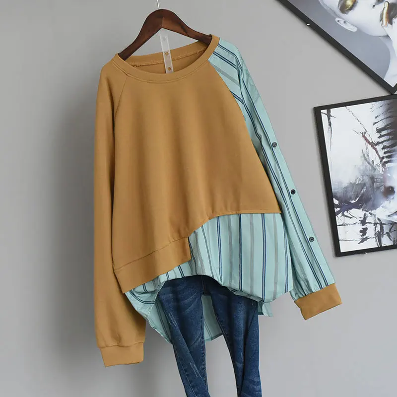 

2020 Autumn New Korean Loose Oversize Fashion Plaid Fake Two-piece Hoody Simple Solid Long-sleeved Women Hoodies Free Shipping