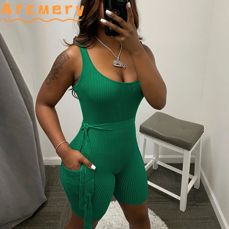 

Women Sleeveless Plunge Neck Belt Bodycon Romper