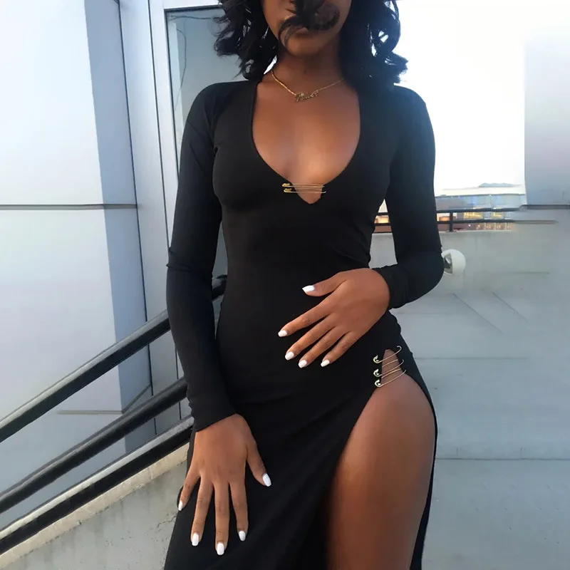 

Mini Dress Elegant Party Women Dress Slim V Neck Long Sleeve Mid Calf Sexy Dress Lady Solid Beach Dresses Vestiods Summer Autumn