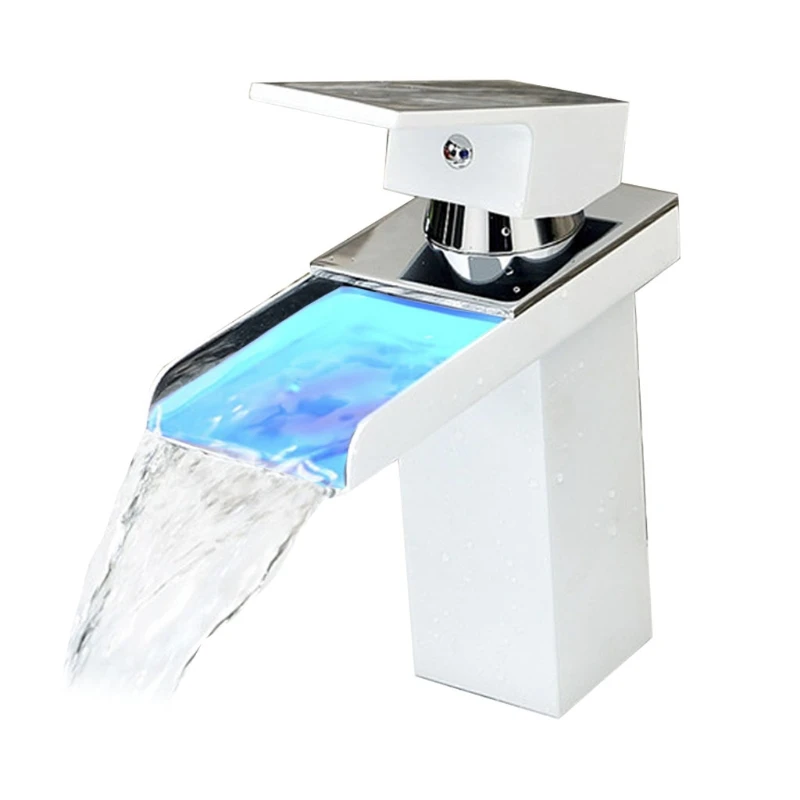 

Kitchen Bathroom LED Light Sink Faucet, Waterfall Spout Basin Faucet, Cold and Hot Water Mixer Sink Tap, Temperature Sensitive 3