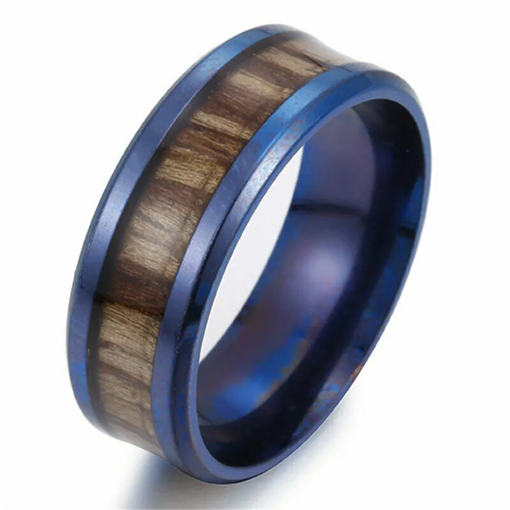 

Blue Mens Wooden Wood Inlay Ring For Men Women Stainless Steel Size 6-13