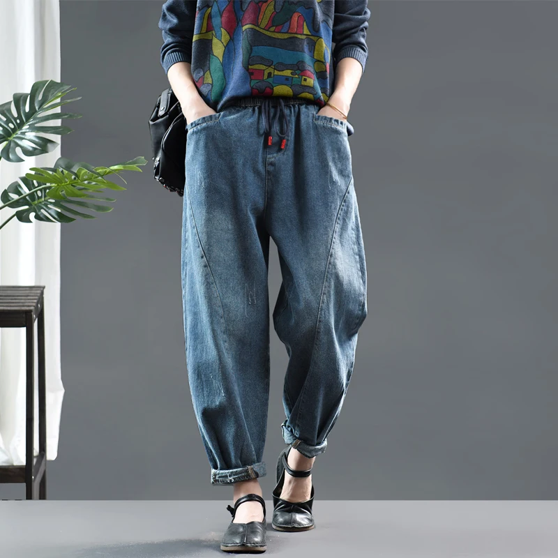 Весна 2020 женские джинсы в стиле ретро с эластичной резинкой на талии со шнуровкой