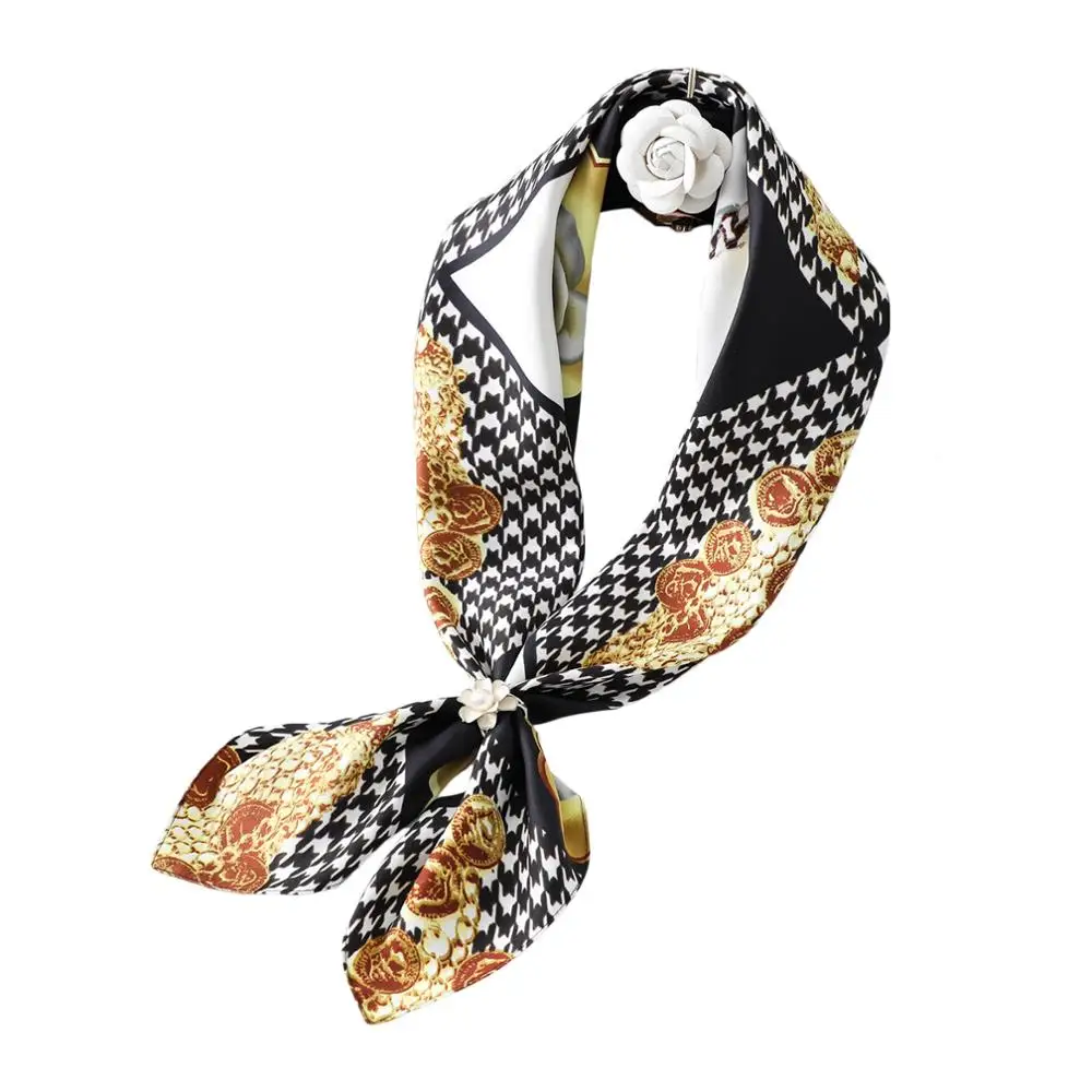 

New Twill Satin Scarf Female Houndstooth Large Square 90cm Scarf Totem Print Shawl Scarf Dual-purpose Scarf