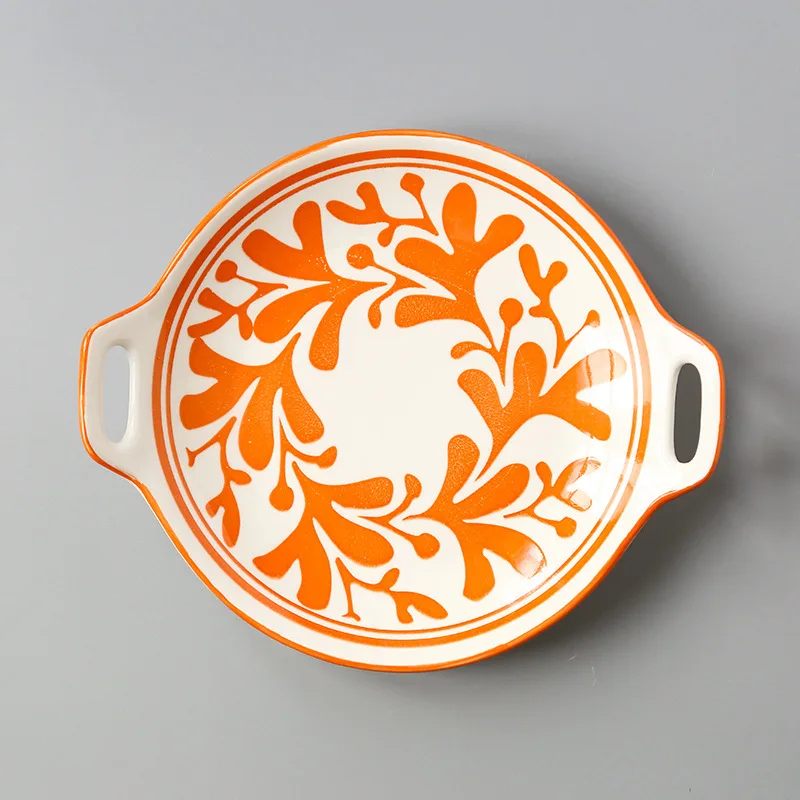 

Japanese double ear dish, ceramic underglaze color dim sum European style simple family dish with two ears