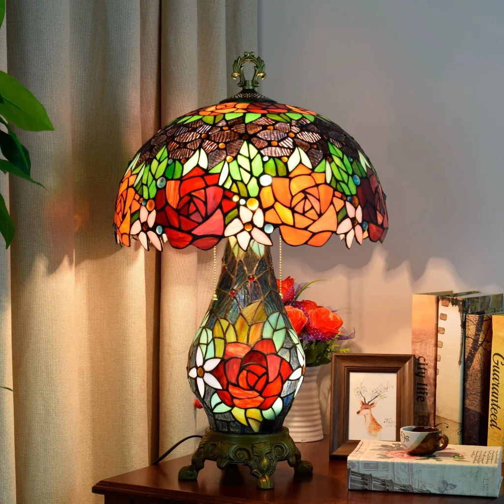 

American Pastoral Creative Retro Rose Small and Large Table Lamp Tiffany Glass Living Room Bedroom Hotel Bar Lamps