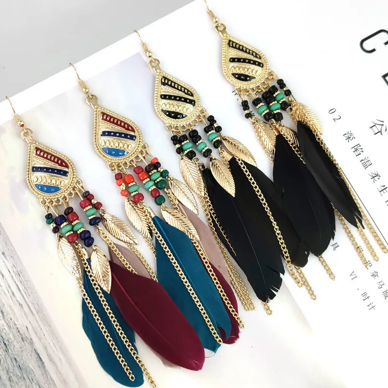 

Water Drop Long Feather Tassel Earrings 2022 New Fashion and Popular Korean Retro Temperament Original Ethnic Style Jewelry