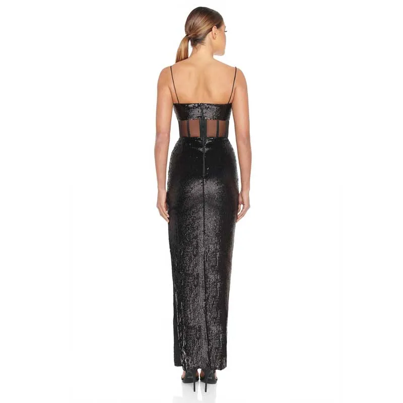 

Wholesale woman's dress black Spaghetti Strap Sequins perspective Sexy club celebrity cocktail party long dress