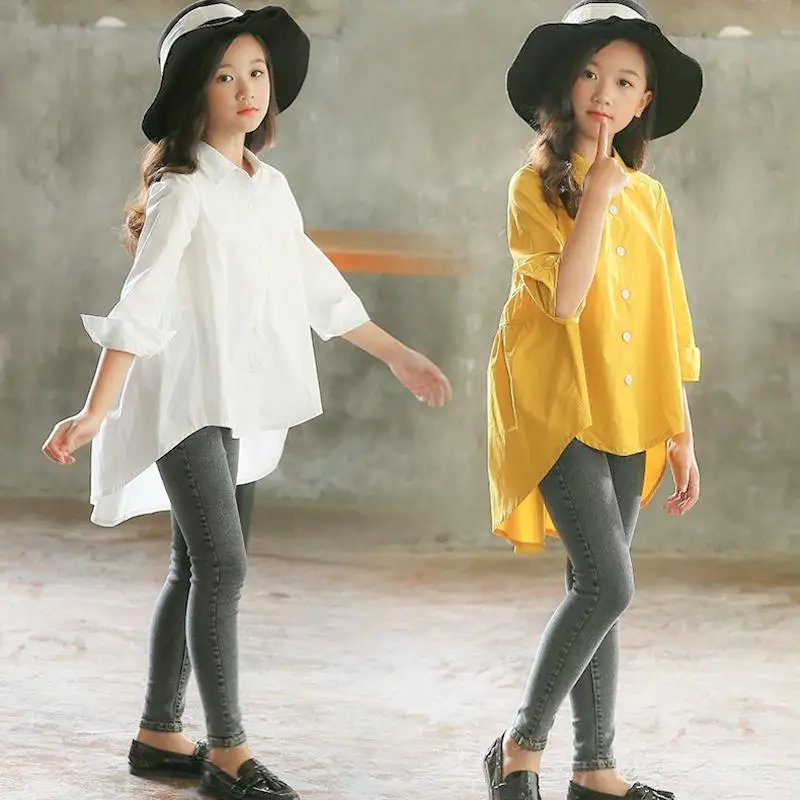 

Korean Style Kids Shirts Teenagers Summer Tops Long Shirts for Teenage Girls 2023 Teen White Yellow Blouse 12 14 Years Clothes