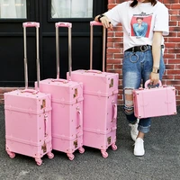 leinasen high quality girl pu leather trolley luggage bag setlovely full pink vintage suitcase for femaleretro luggage gift