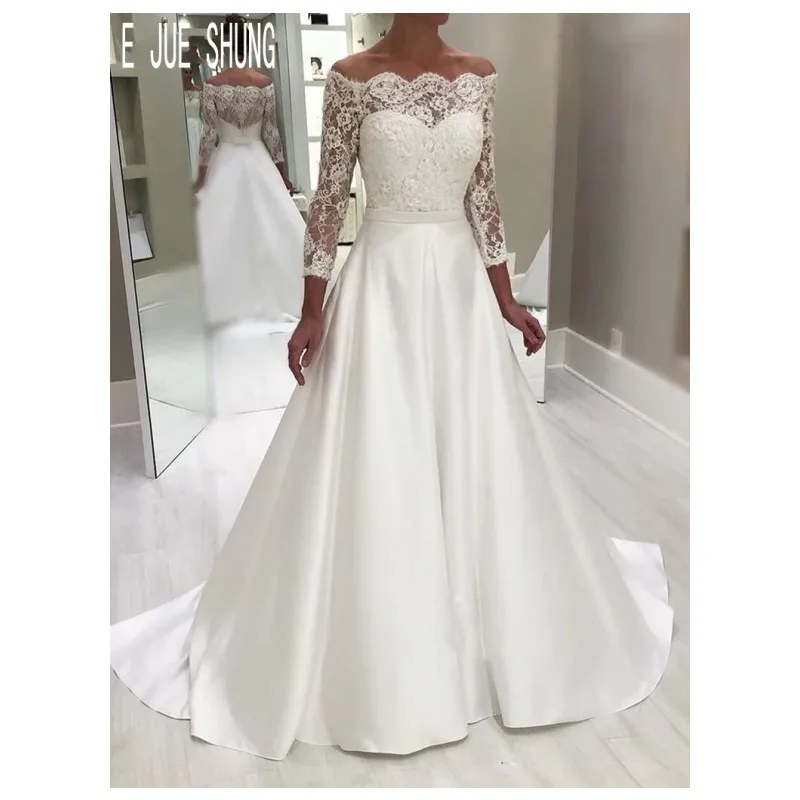 Женское ТРАПЕЦИЕВИДНОЕ свадебное платье E JUE SHUNG классическое с открытыми плечами