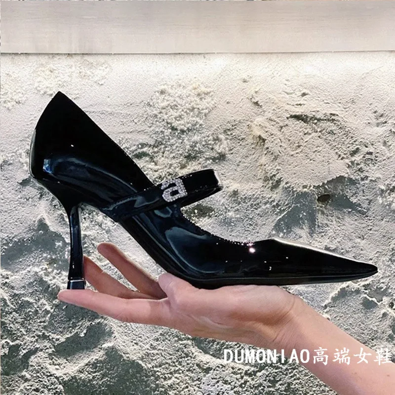 

Women Lady Black Patent Leather Poined Toes Letters Decor Rhinestone Crystal High Heels Shoes Thin heels Pumps Wedding Dress