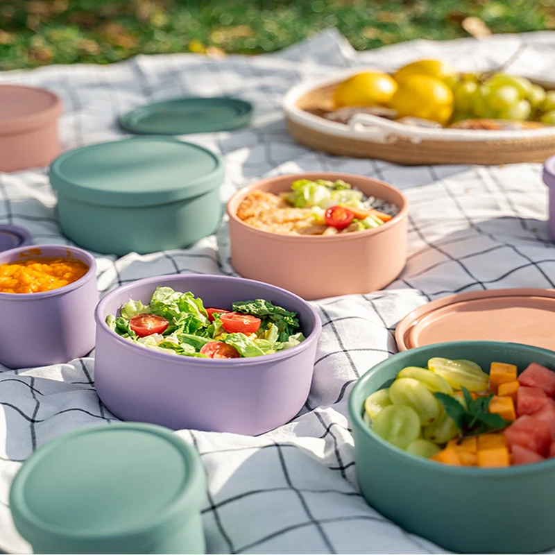 

Silicone Lunch Box Bento Box Vegetables Fruit Salad Fresh-Keeping Bowl with Lid Seal Leak Proof Camping Picnic Food Storage Box