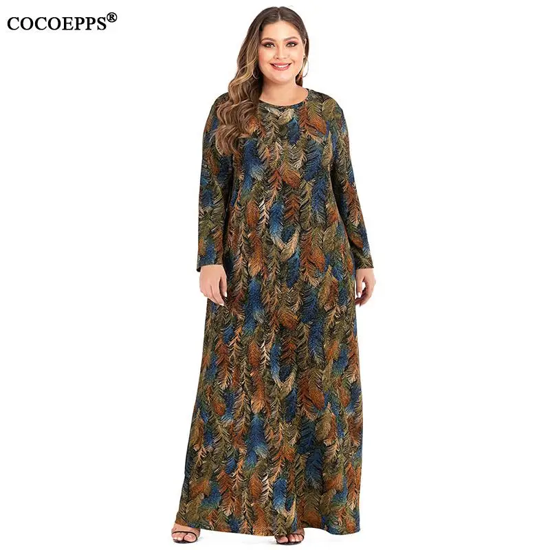Женское длинное платье с разноцветным принтом в виде перьев весна 2020|Женские
