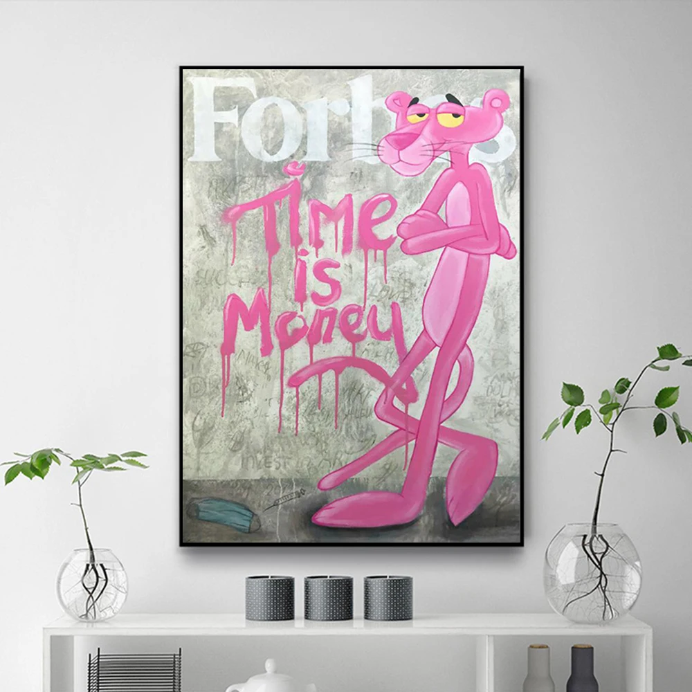 

Canvas Painting Pink Panther Forbes Art Time Is Money Cartoon Inspirational Quotes Poster for Room Home Wall Decoration Picture