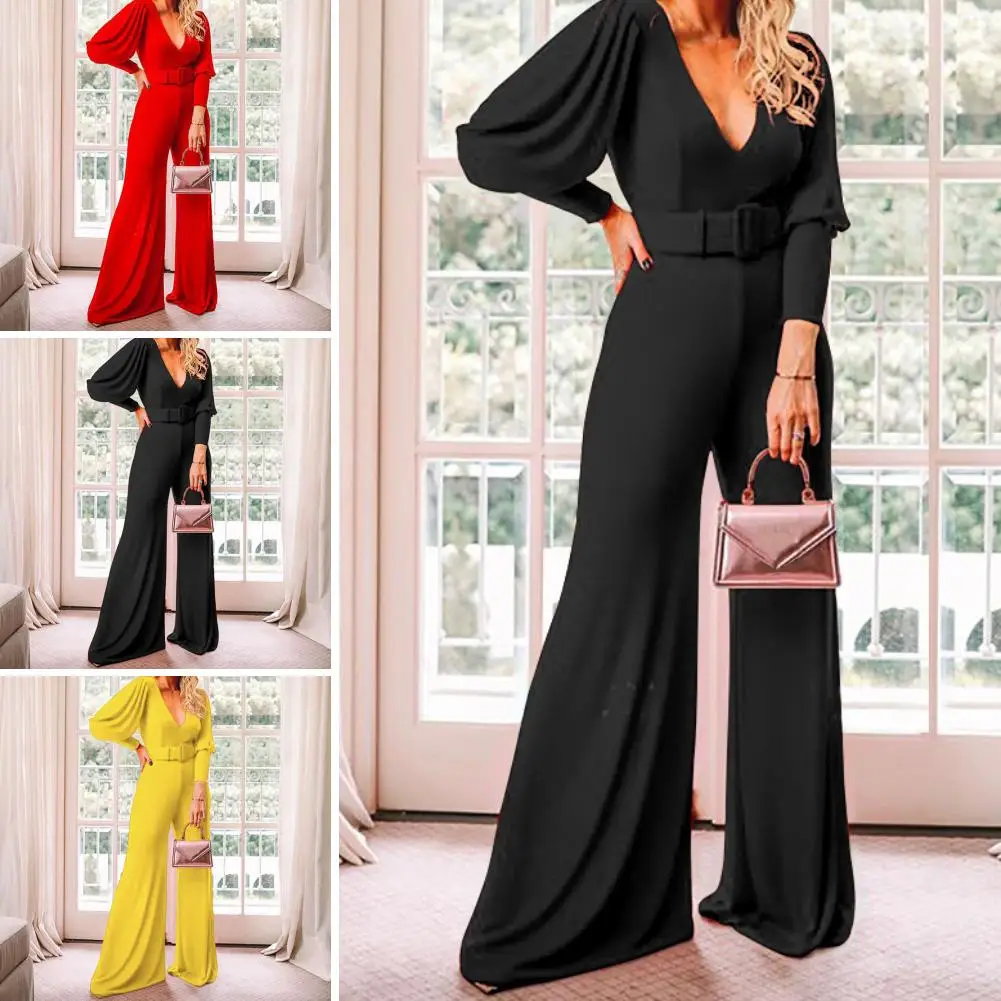 

Women Solid Color Deep V Neck High Waist Jumpsuit Casual Pants Clubwear Outfit