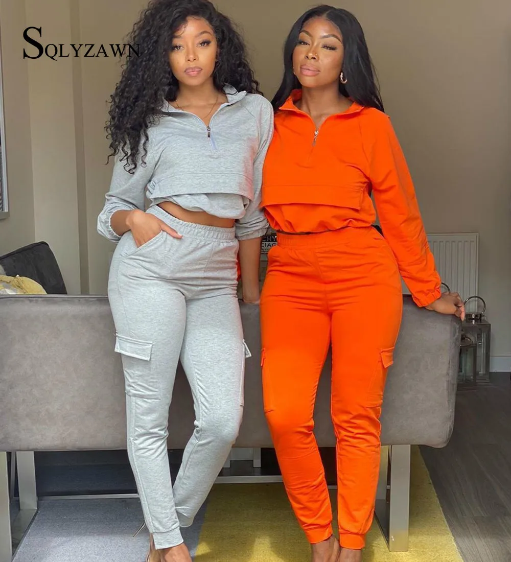 

Осенняя однотонная женская одежда из двух предметов, Модный повседневный свитшот на молнии с длинным рукавом и брюки, комплект из двух пред...