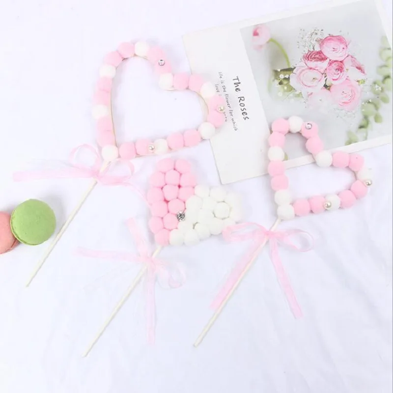 Сердце Дизайн Мех Шар Торт Топперы баннер Красочные для фруктов обертка кексов