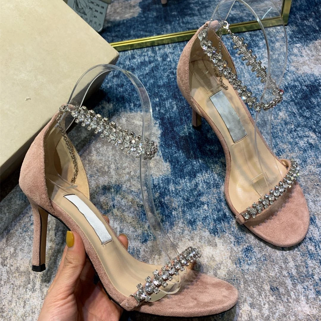 

Women Brand Fashion Rhinestone High Heel Sandals Ladies Designer Sheepskin Insoles Pumps Summer Open Toe High Heels Shoes 2020
